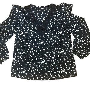 Shein Womens Black & White Polka Dot Blouse With Ruffle Sleeves Size M